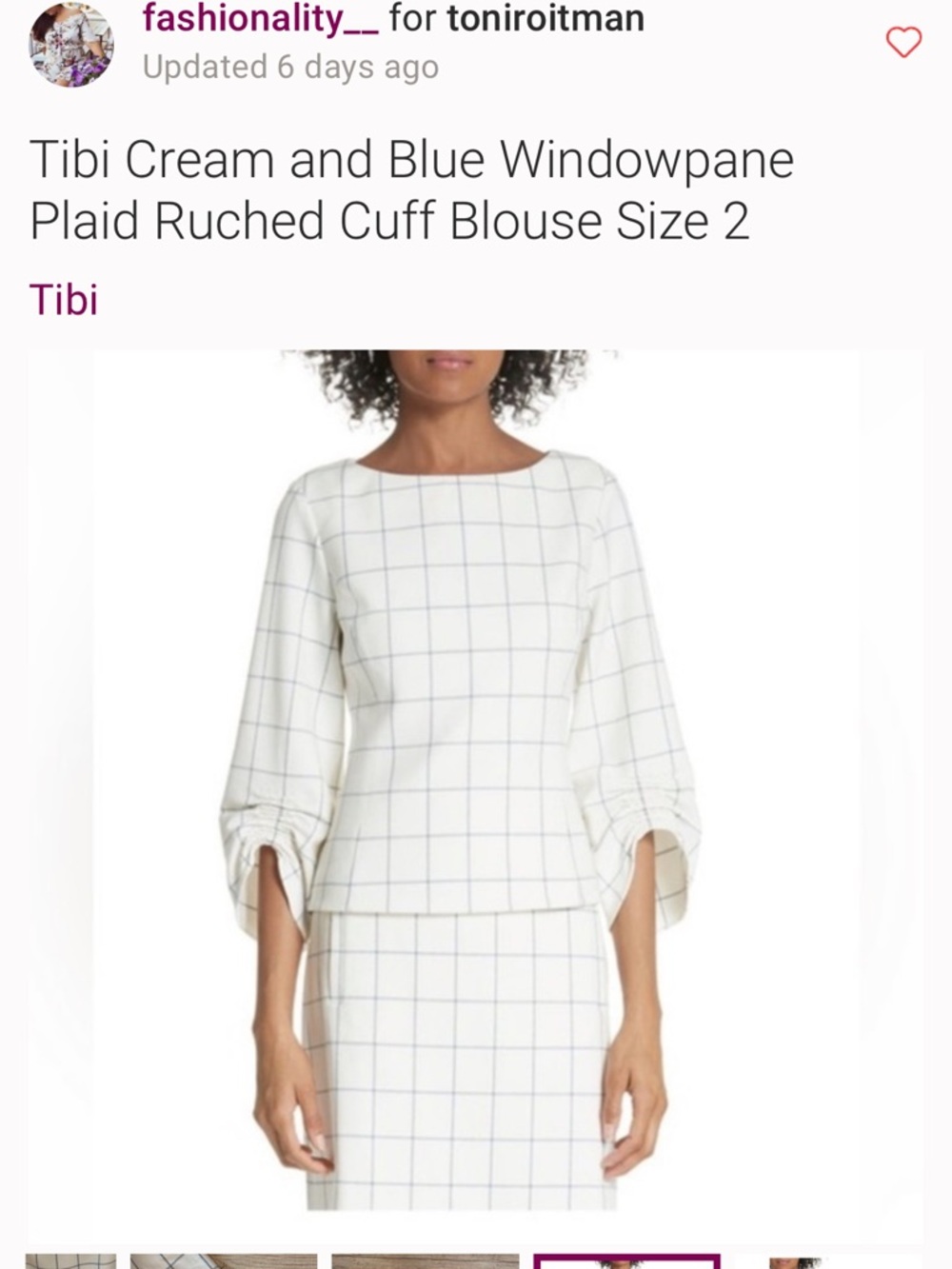 Tibi Cream Blouse with Blue Windowpane Plaid and Ruched Cuffs - Picture 3 of 7